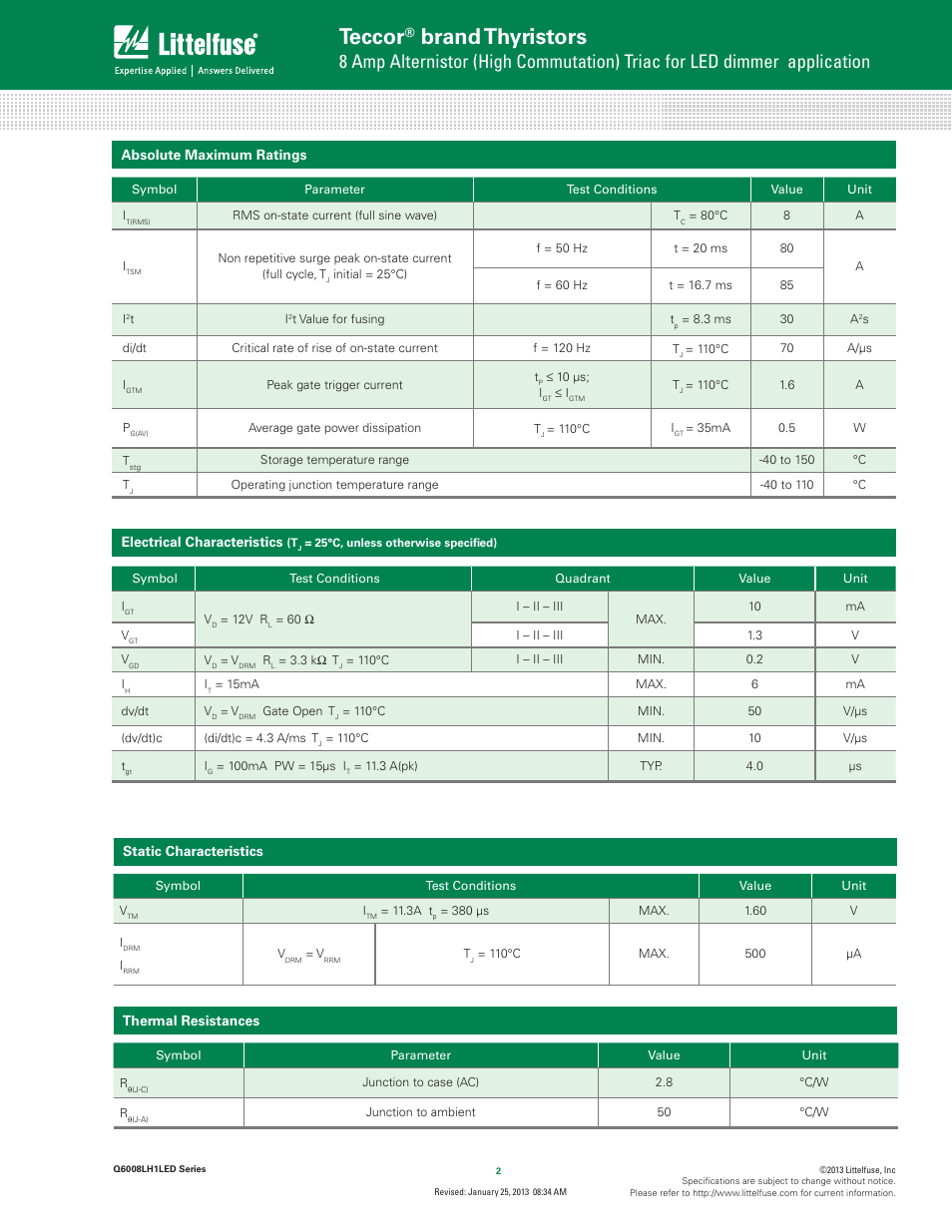 Teccor, Brand thyristors | Littelfuse Q6008LH1LED Series User Manual | Page 2 / 6