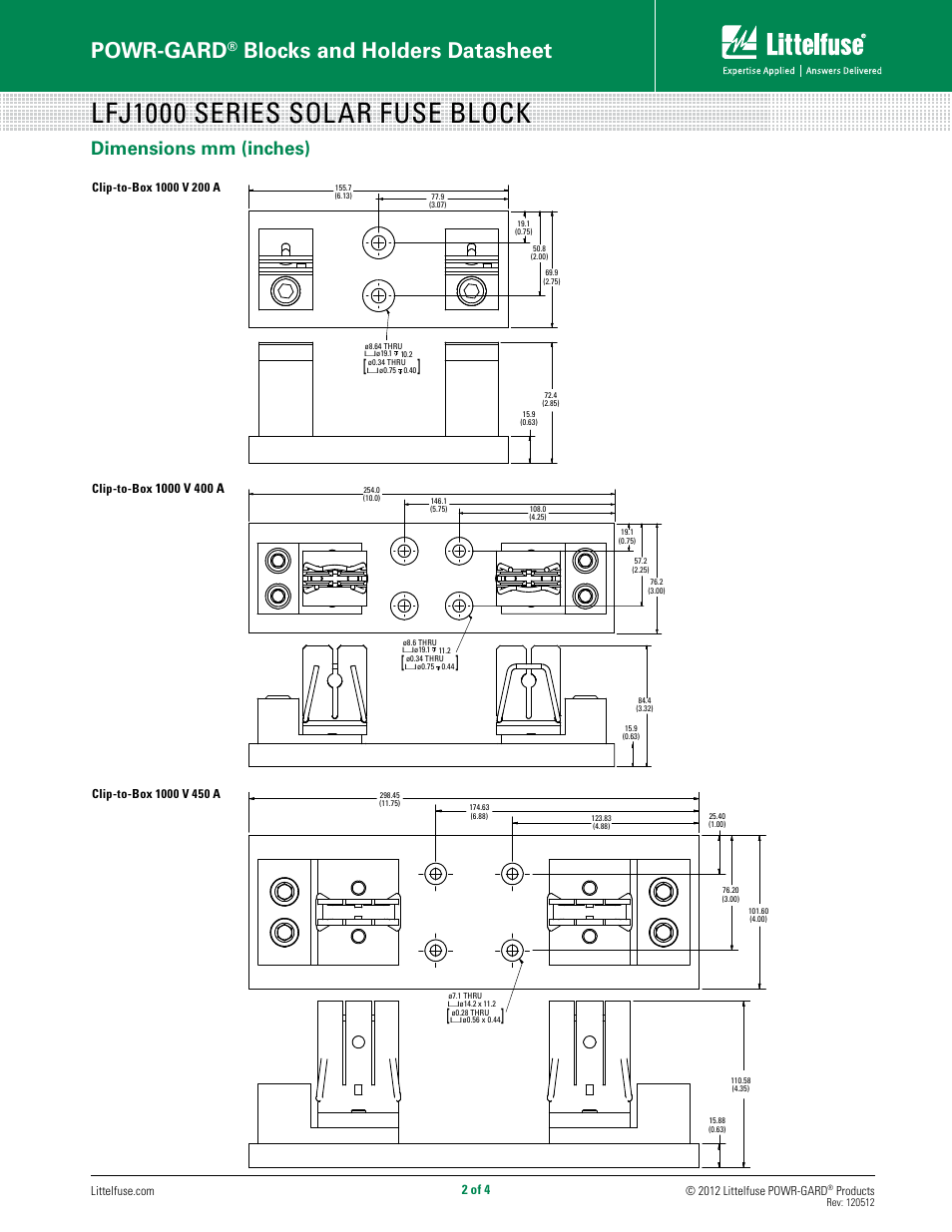 Lfj1000 series solar fuse block, Powr-gard, Blocks and holders datasheet | Dimensions mm (inches) | Littelfuse LFJ1000 Series User Manual | Page 2 / 4