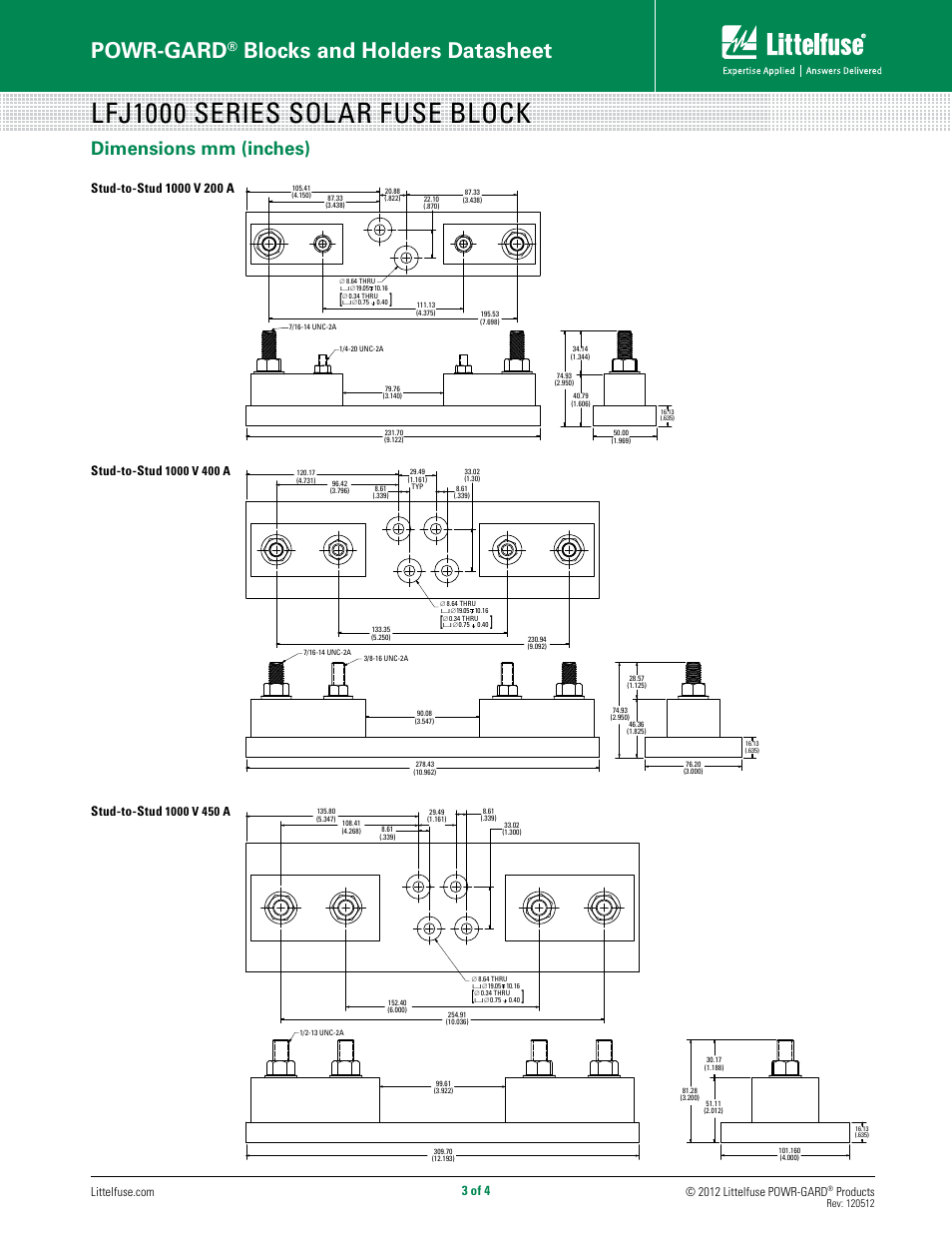 Lfj1000 series solar fuse block, Powr-gard, Blocks and holders datasheet | Dimensions mm (inches), 3 of 4, Stud-to-stud, Products | Littelfuse LFJ1000 Series User Manual | Page 3 / 4