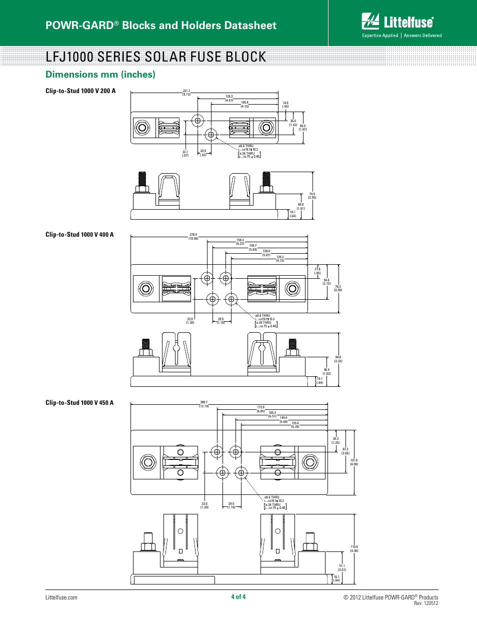 Lfj1000 series solar fuse block, Powr-gard, Blocks and holders datasheet | Dimensions mm (inches), 4 of 4, Clip-to-stud, Products | Littelfuse LFJ1000 Series User Manual | Page 4 / 4
