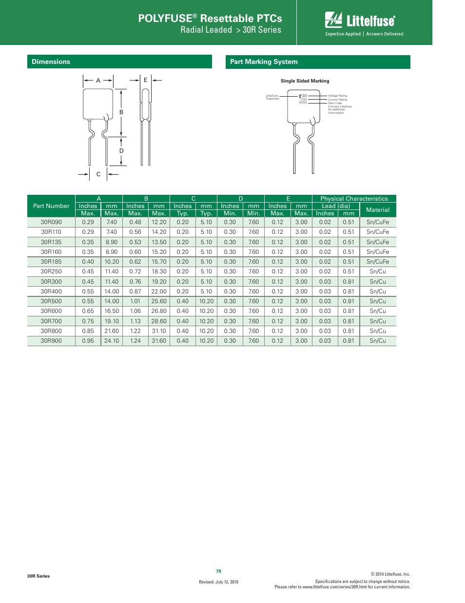 Polyfuse, Resettable ptcs, Radial leaded > 30r series | Littelfuse 30R Series User Manual | Page 4 / 7