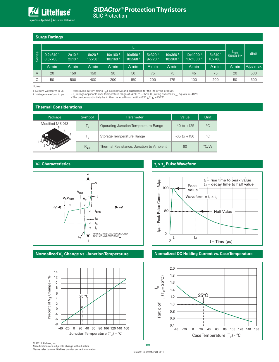 Sidactor, Protection thyristors, Slic protection | 25°c | Littelfuse Battrax Series MS-013 Singl Port Negative User Manual | Page 2 / 4