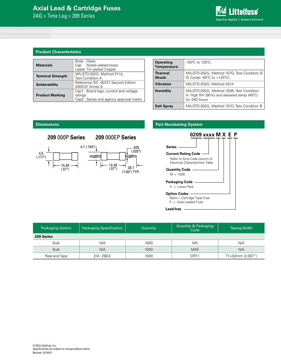 Axial lead & cartridge fuses, 2ag > time lag > 209 series | Littelfuse 209 Series User Manual | Page 3 / 3