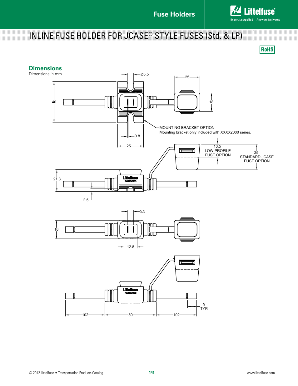 Inline fuse holder for jcase, Style fuses (std. & lp), Fuse holders | Dimensions | Littelfuse Inline JCASE Holder Series User Manual | Page 2 / 2