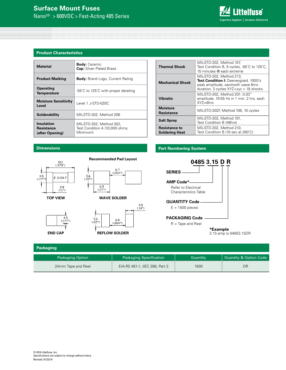 Surface mount fuses, Nano | Littelfuse 485 Series User Manual | Page 3 / 3