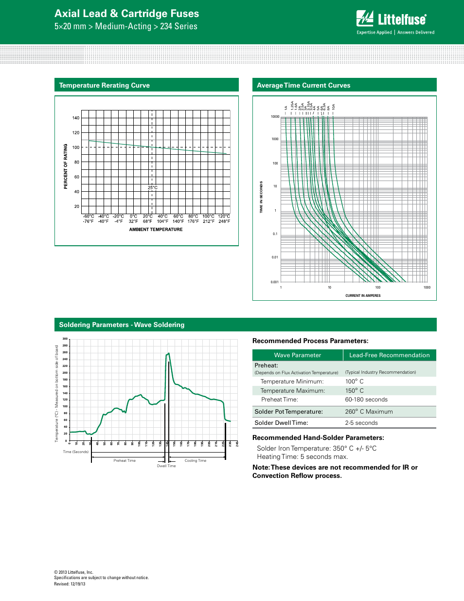 Axial lead & cartridge fuses, Wave parameter lead-free recommendation preheat, Temperature minimum: 100 | Ctemperature maximum: 150, C maximum solder dwell time: 2-5 seconds | Littelfuse 234 Series User Manual | Page 2 / 3