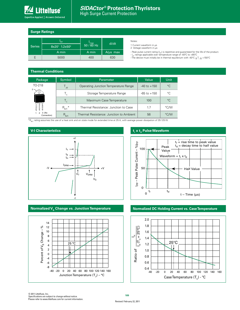 Sidactor, Protection thyristors, High surge current protection | 25°c | Littelfuse 5kA Series TO-218 User Manual | Page 2 / 4