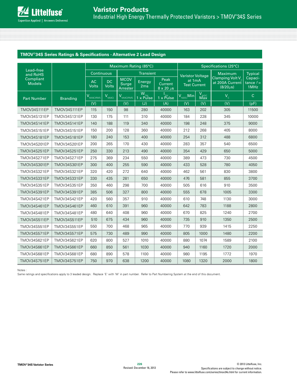 Varistor products, 34s series | Littelfuse TMOV 34S Varistor Series User Manual | Page 4 / 8