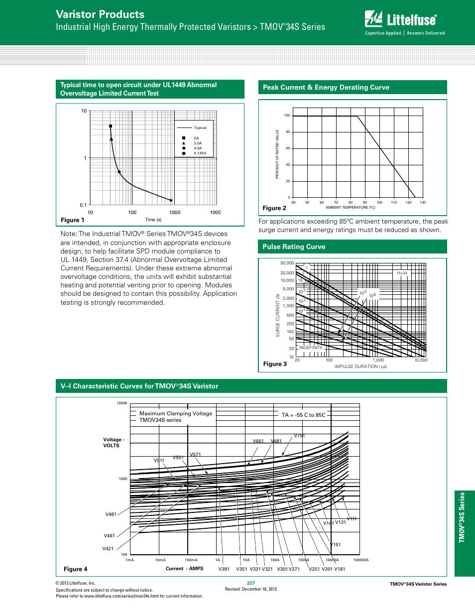 Varistor products, 34s series, Hi–en e rgy mo v’s | Tmov, 34s s eries pulse rating curve, V–i characteristic curves for tmov, 34s varistor, Series tmov | Littelfuse TMOV 34S Varistor Series User Manual | Page 5 / 8