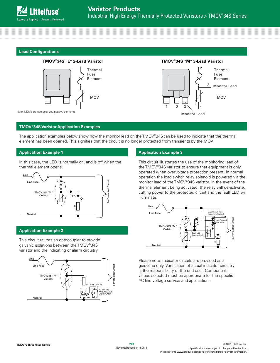 Varistor products, 34s series, Lead configurations tmov | 34s "e" 2-lead varistor tmov, 34s "m" 3-lead varistor | Littelfuse TMOV 34S Varistor Series User Manual | Page 6 / 8