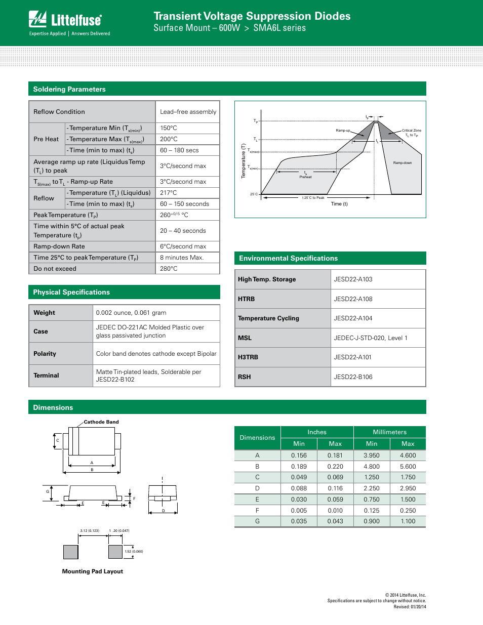 Transient voltage suppression diodes, Surface mount – 600w > sma6l series, Dimensions physical specifications | Soldering parameters, Environmental specifications | Littelfuse SMA6L Series User Manual | Page 5 / 6