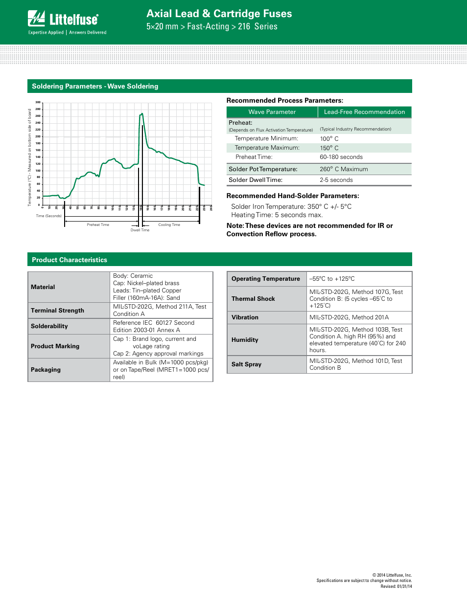 Axial lead & cartridge fuses, Product characteristics, Soldering parameters - wave soldering | Littelfuse 216 Series User Manual | Page 3 / 4