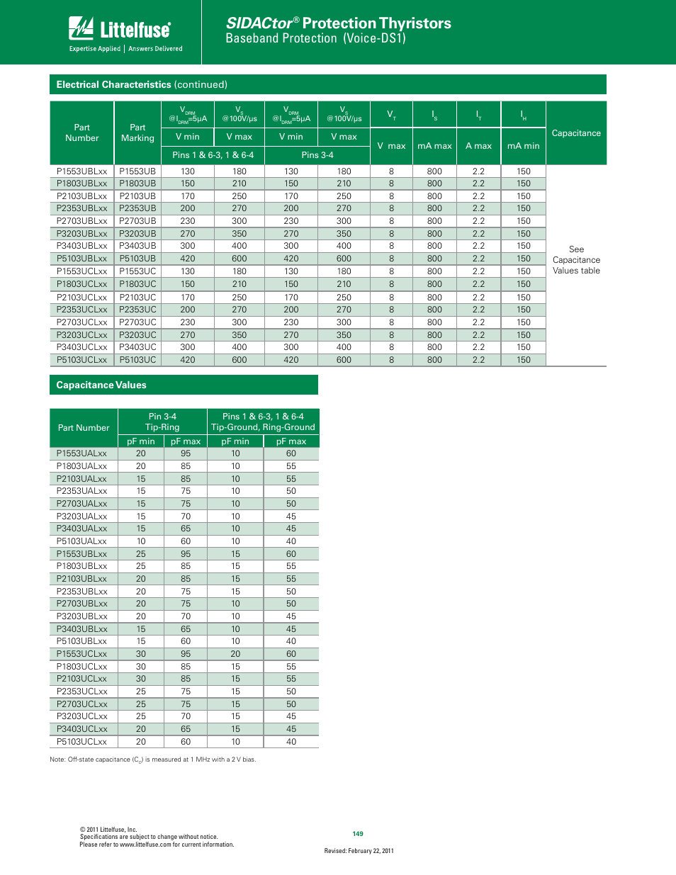 Sidactor, Protection thyristors, Baseband protection (voice-ds1) | Littelfuse SIDACtor Series MS-013 User Manual | Page 2 / 5