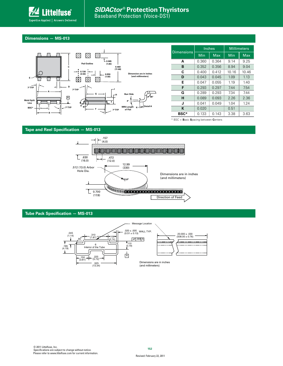 Sidactor, Protection thyristors, Baseband protection (voice-ds1) | Tape and reel speciﬁcation — ms-013 | Littelfuse SIDACtor Series MS-013 User Manual | Page 5 / 5