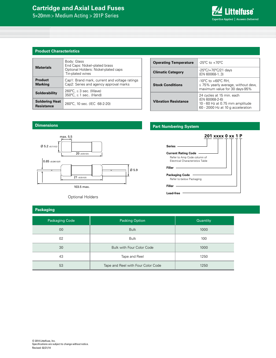 Cartridge and axial lead fuses, 5×20mm, Medium acting > 201p series | Littelfuse 201P Series User Manual | Page 3 / 3