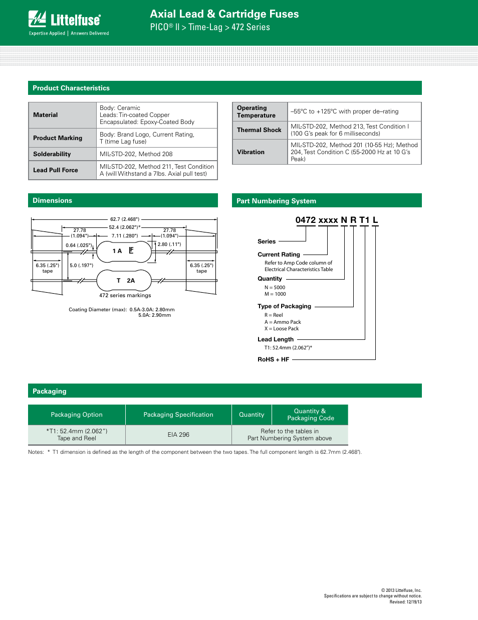 Axial lead & cartridge fuses, Pico, Ll > time-lag > 472 series | Littelfuse 472 Series User Manual | Page 3 / 3