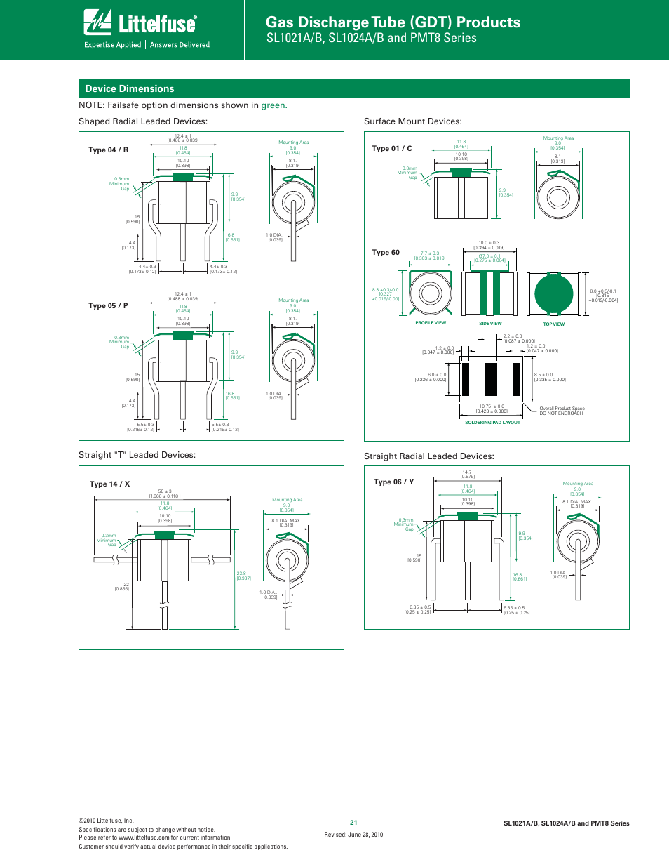 Gas discharge tube (gdt) products, Device dimensions | Littelfuse SL1024A_B Series User Manual | Page 4 / 5