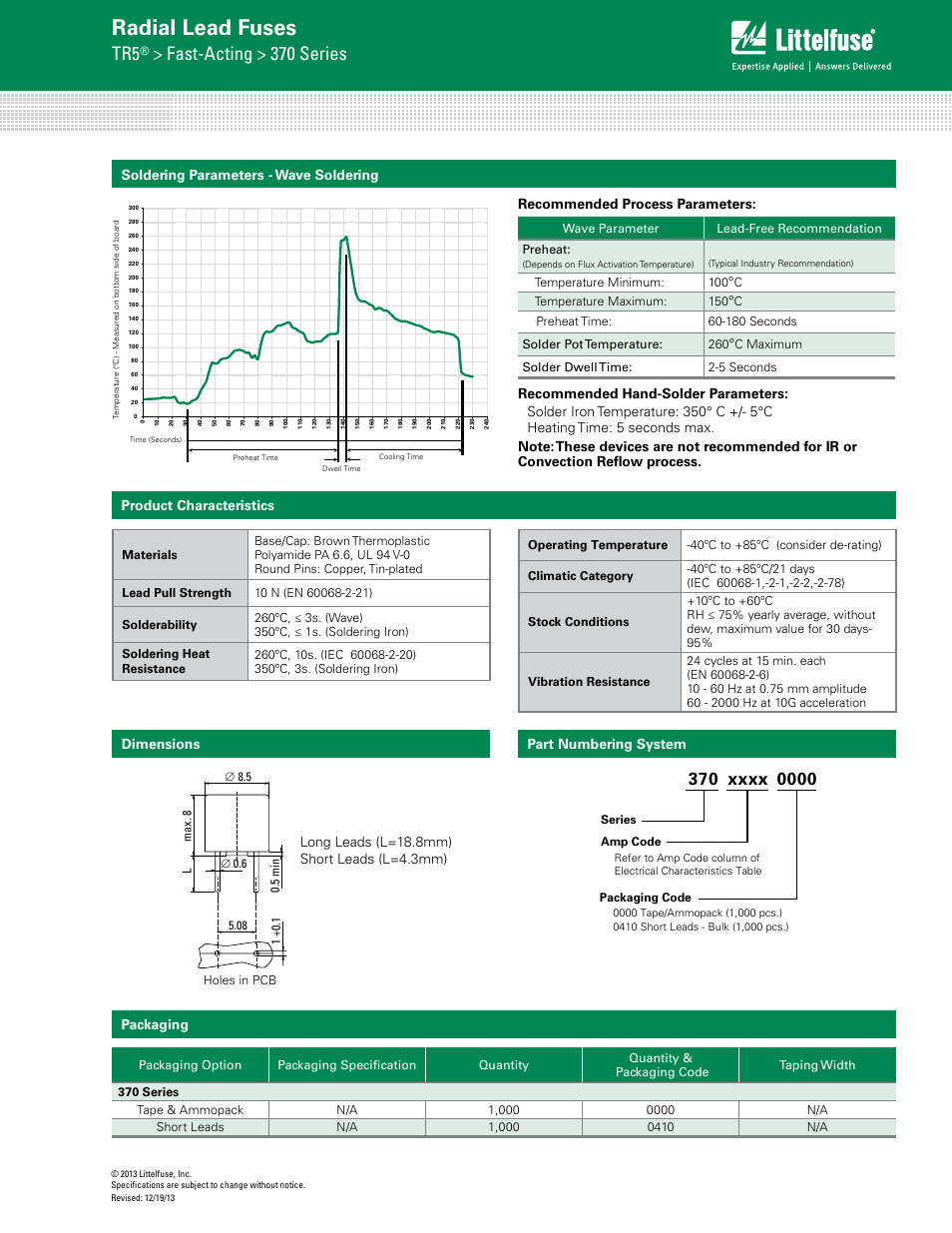 Radial lead fuses, Fast-acting > 370 series, Product characteristics | Soldering parameters - wave soldering, Part numbering system packaging | Littelfuse 370 Series User Manual | Page 3 / 3