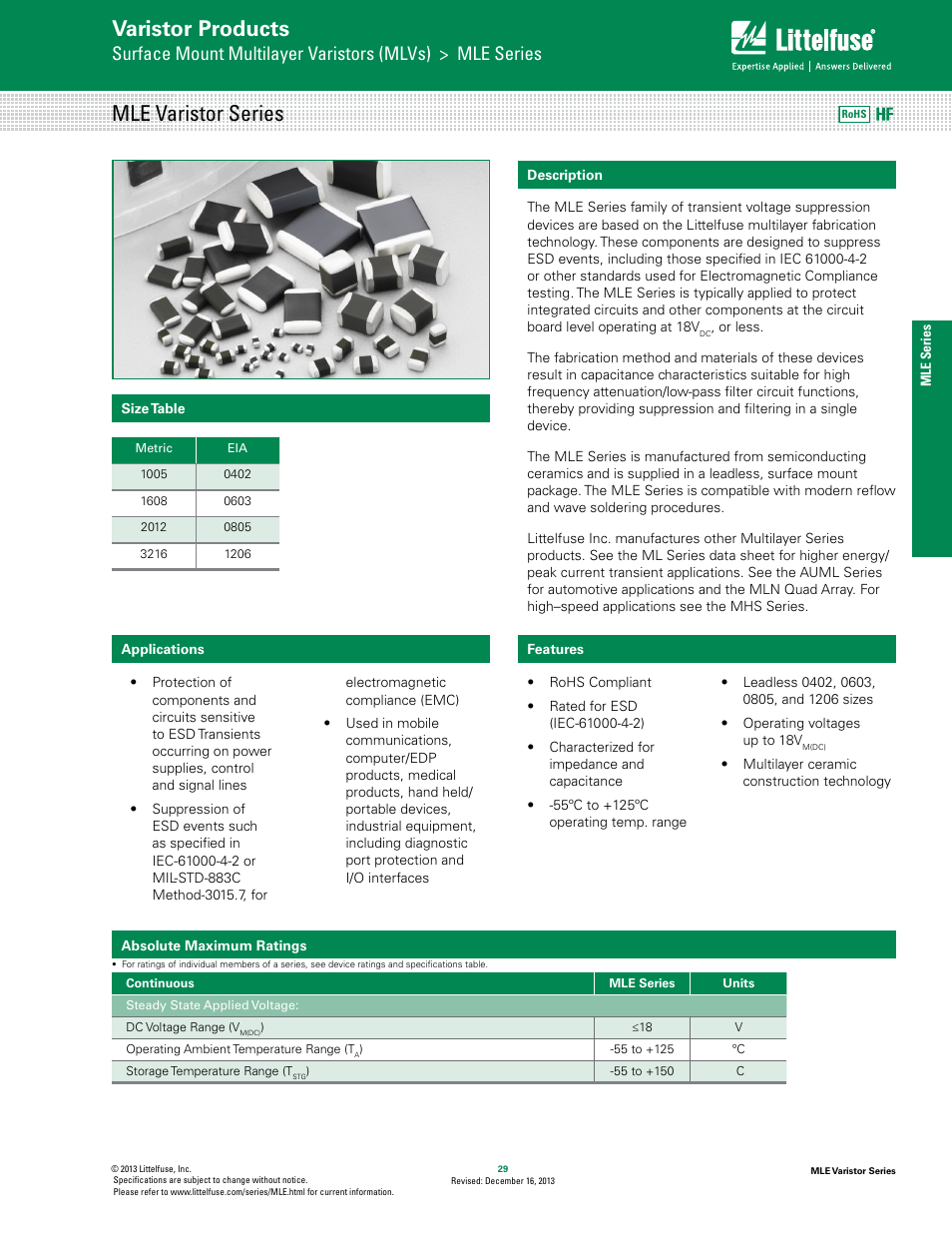 Littelfuse MLE Varistor Series User Manual | 6 pages