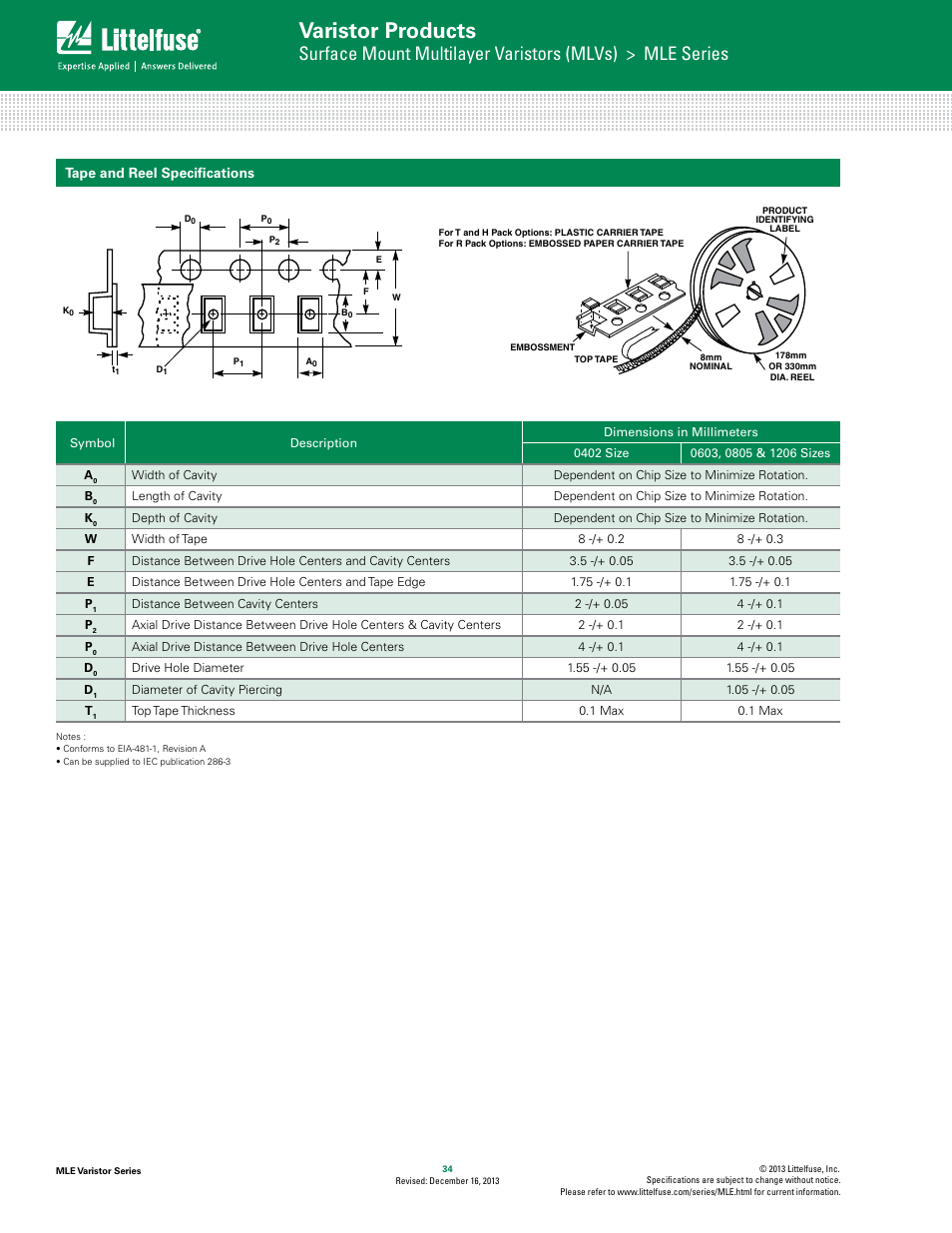 Varistor products, Tape and reel specifications | Littelfuse MLE Varistor Series User Manual | Page 6 / 6