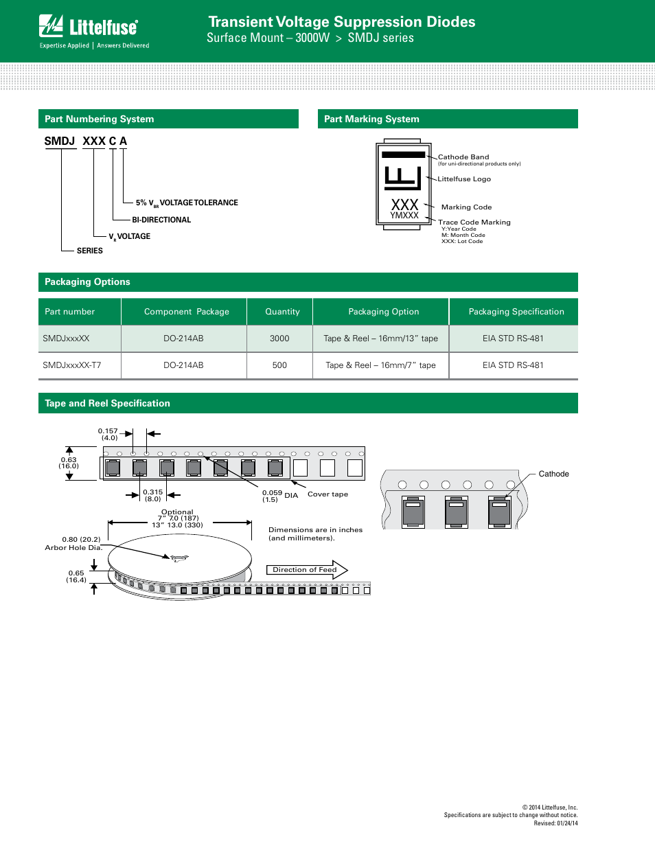 Transient voltage suppression diodes, Surface mount – 3000w > smdj series, Smdj xxx c a | Littelfuse SMDJ Series User Manual | Page 6 / 6