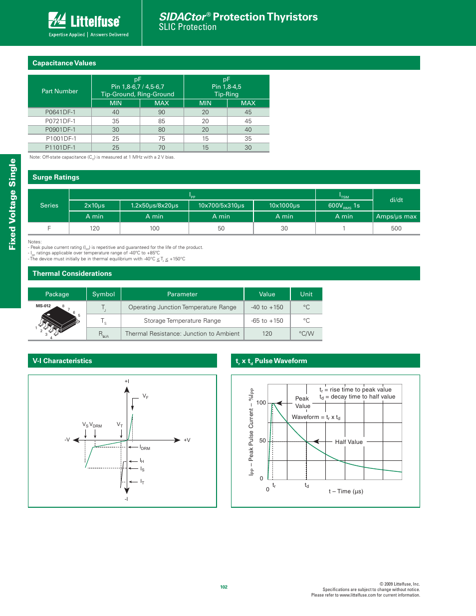 Sidactor, Protection thyristors, Slic protection | Fix ed v oltage single | Littelfuse Fixed Voltage Single Port Series MS-012 User Manual | Page 2 / 4