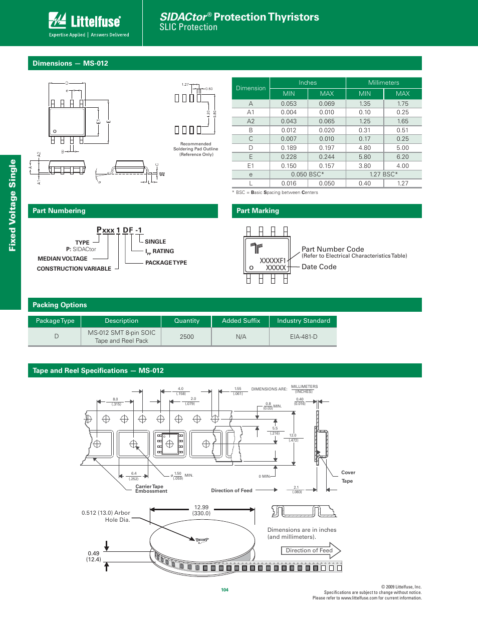 Sidactor, Protection thyristors, Slic protection | Fix ed v oltage single | Littelfuse Fixed Voltage Single Port Series MS-012 User Manual | Page 4 / 4
