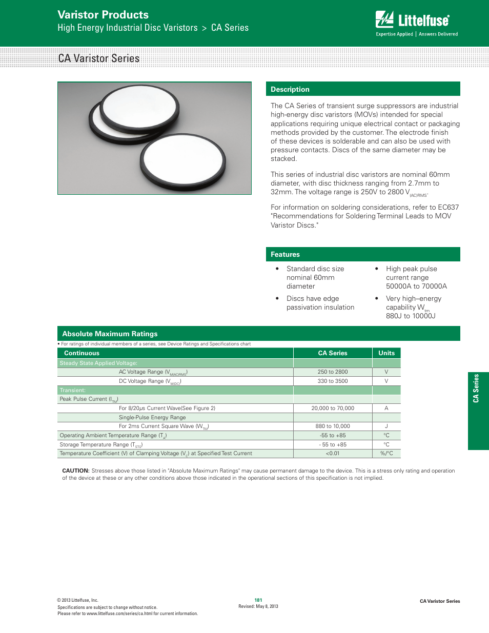 Littelfuse CA Varistor Series User Manual | 5 pages