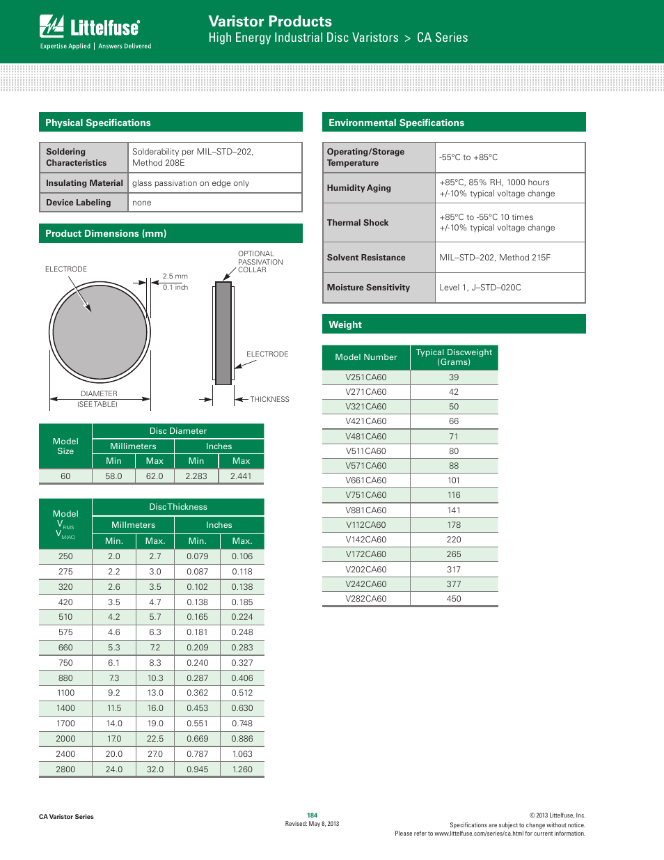 Varistor products, High energy industrial disc varistors > ca series | Littelfuse CA Varistor Series User Manual | Page 4 / 5