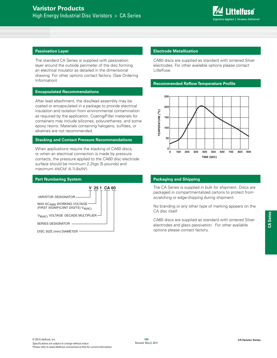 Varistor products, High energy industrial disc varistors > ca series, Hi–energy mo v’s | Littelfuse CA Varistor Series User Manual | Page 5 / 5