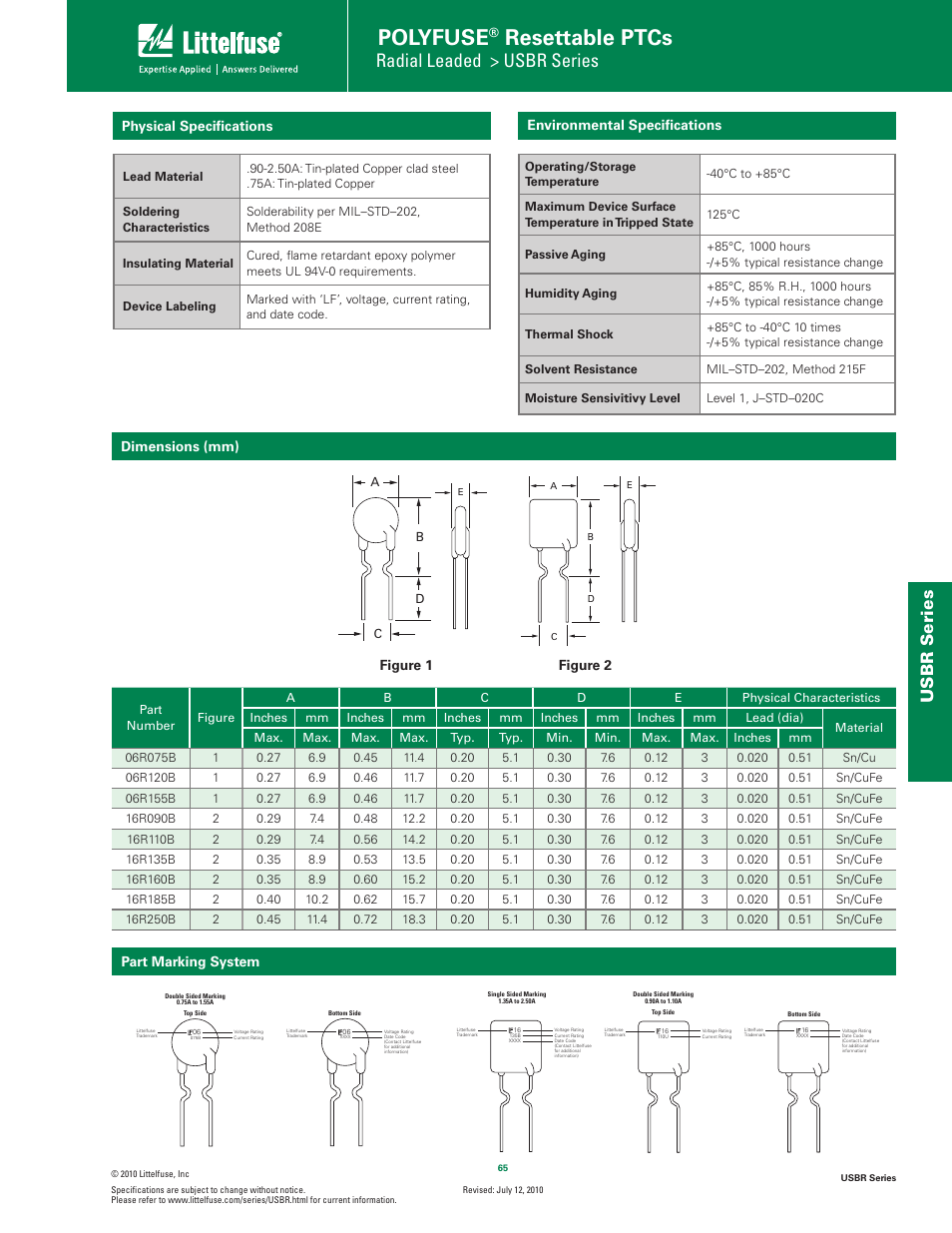 Polyfuse, Resettable ptcs, Radial leaded > usbr series | Usbr s eries | Littelfuse USBR Series User Manual | Page 3 / 5