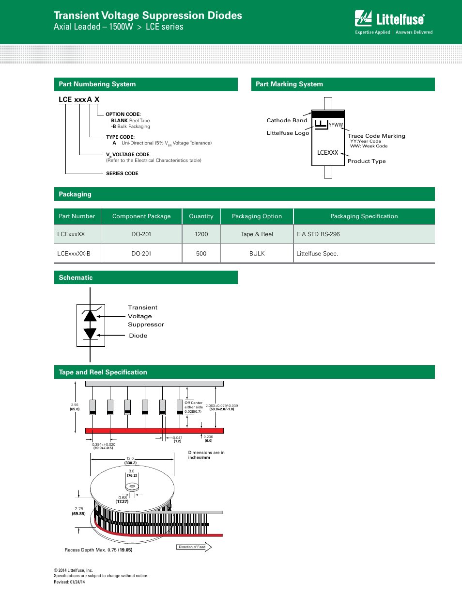 Transient voltage suppression diodes, Axial leaded – 1500w > lce series, Part numbering system | Lce xxx a x, Part marking system, Lcexxx, Packaging, Schematic tape and reel specification | Littelfuse LCE Series User Manual | Page 5 / 5