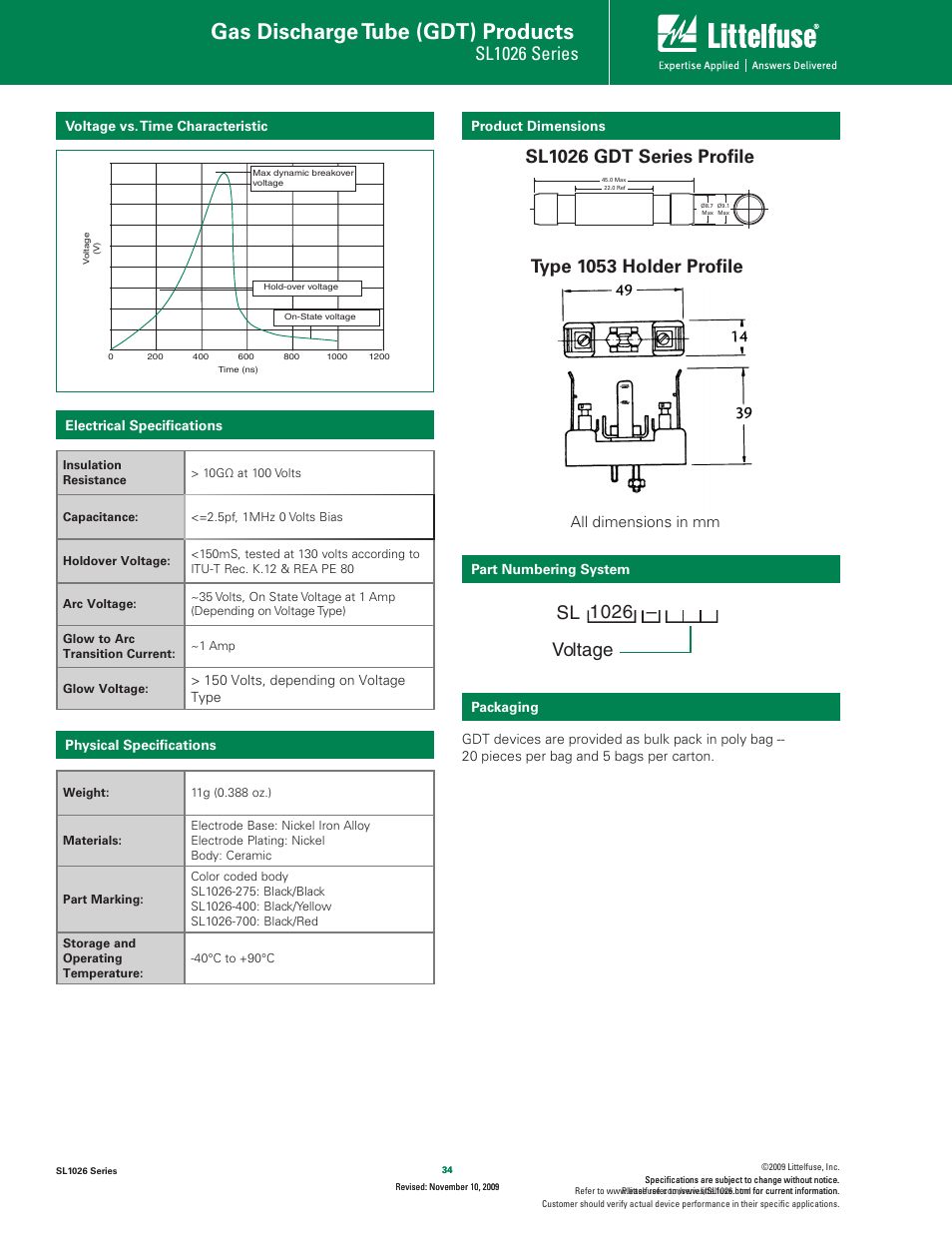 Gas discharge tube (gdt) products, Sl1026 series, 1026 – voltage sl | All dimensions in mm | Littelfuse SL1026 Series User Manual | Page 2 / 2