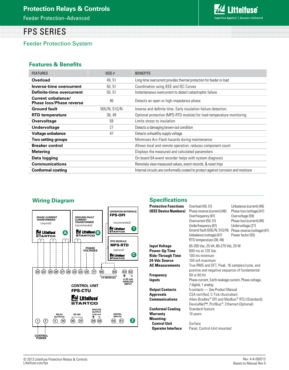 Fps series, Protection relays & controls, Feeder protection–advanced | Wiring diagram, Specifications, Features & benefits, Feeder protection system | Littelfuse FPS Series User Manual | Page 2 / 2