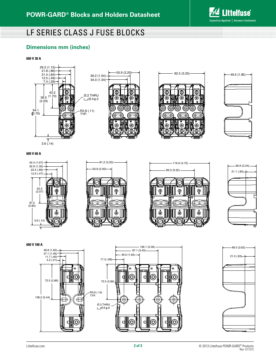 Lf series class j fuse blocks, Powr-gard, Blocks and holders datasheet | Dimensions mm (inches) | Littelfuse LFJ Series User Manual | Page 2 / 3