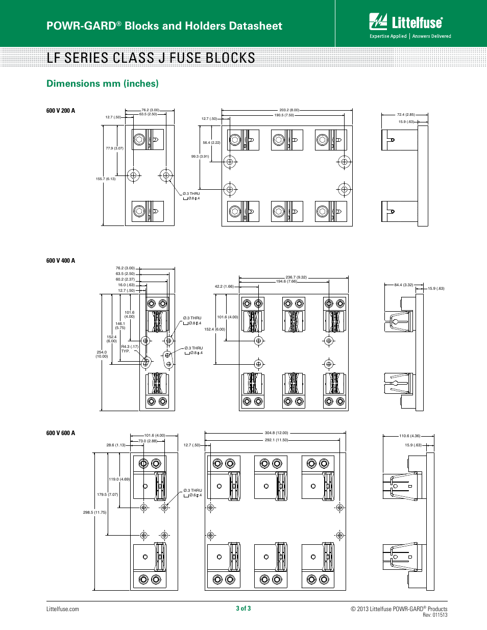 Lf series class j fuse blocks, Powr-gard, Blocks and holders datasheet | Dimensions mm (inches), 3 of 3 | Littelfuse LFJ Series User Manual | Page 3 / 3