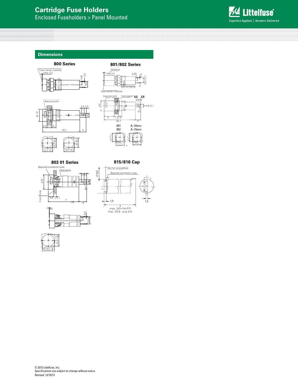 Cartridge fuse holders, Enclosed fuseholders > panel mounted, Dimensions | Littelfuse 816 Series User Manual | Page 2 / 2