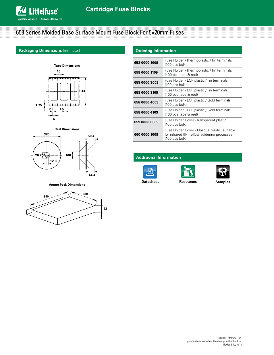 Cartridge fuse blocks, Ordering information, Packaging dimensions | Additional information | Littelfuse 658 Series User Manual | Page 2 / 2