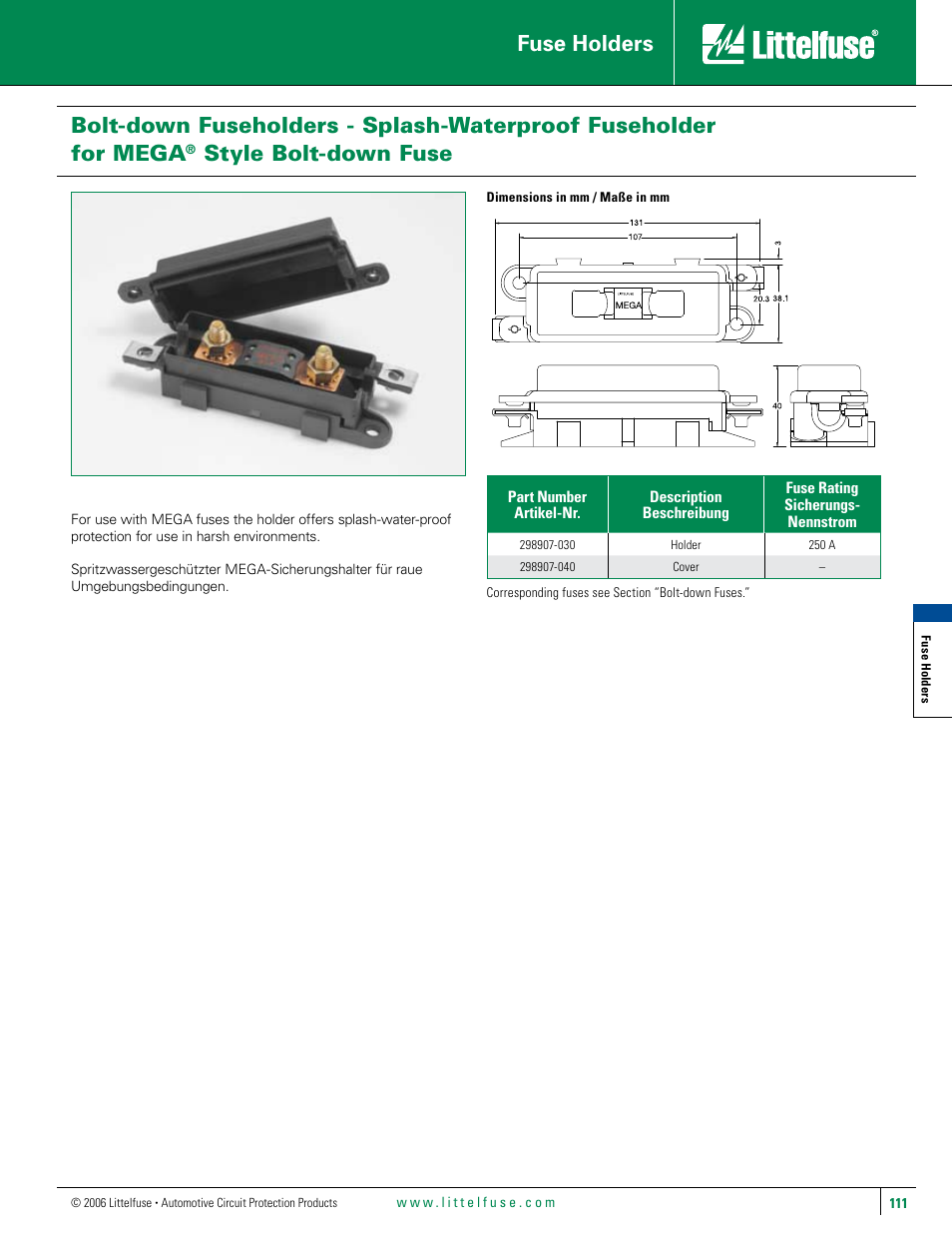 Littelfuse Splashproof MEGA Holder Series User Manual | 1 page