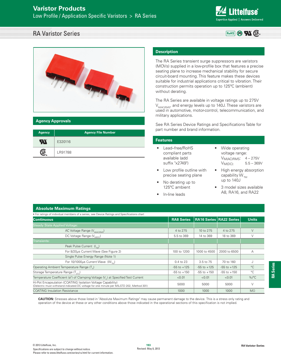 Littelfuse RA Varistor Series User Manual | 8 pages