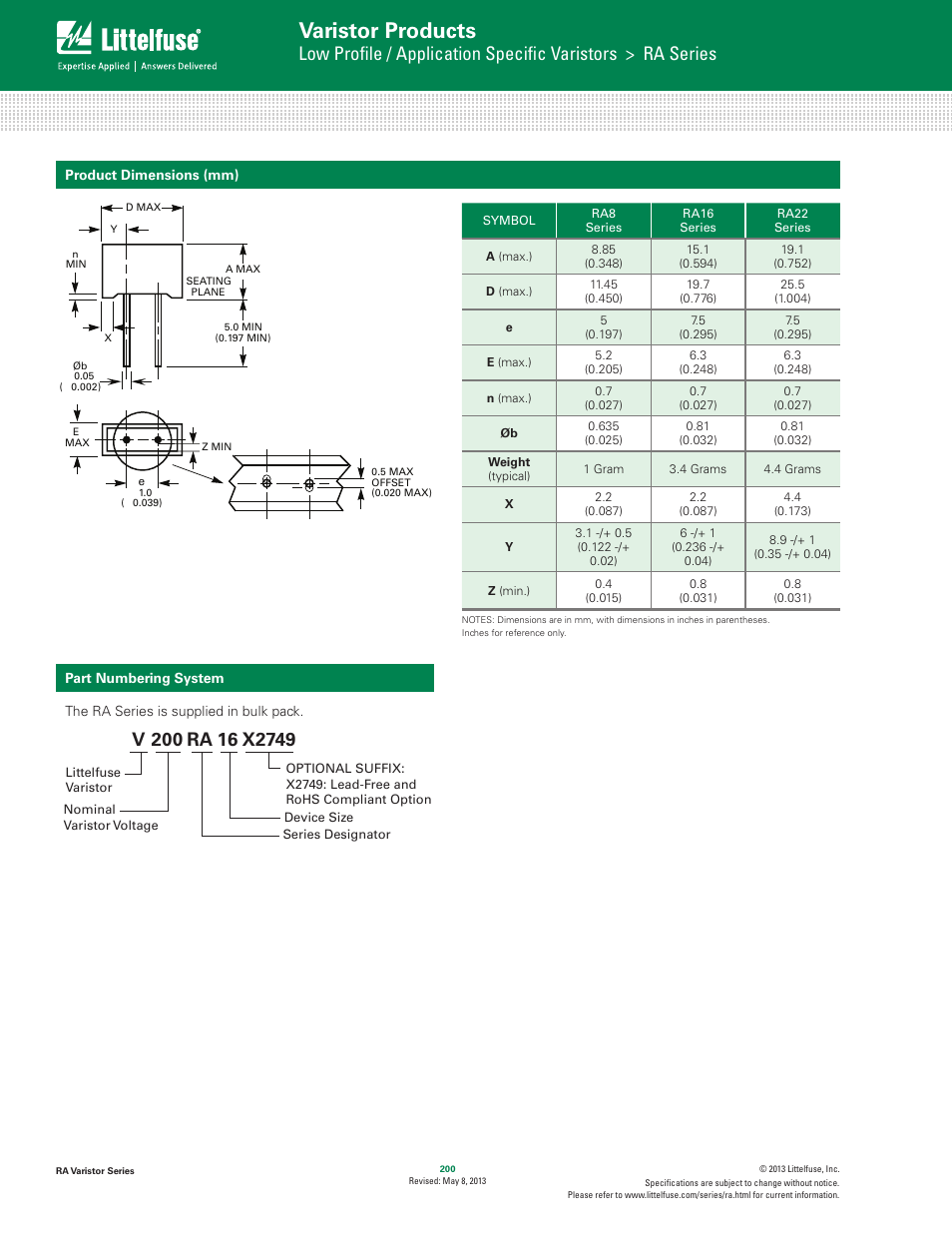 Varistor products, X2749 | Littelfuse RA Varistor Series User Manual | Page 8 / 8