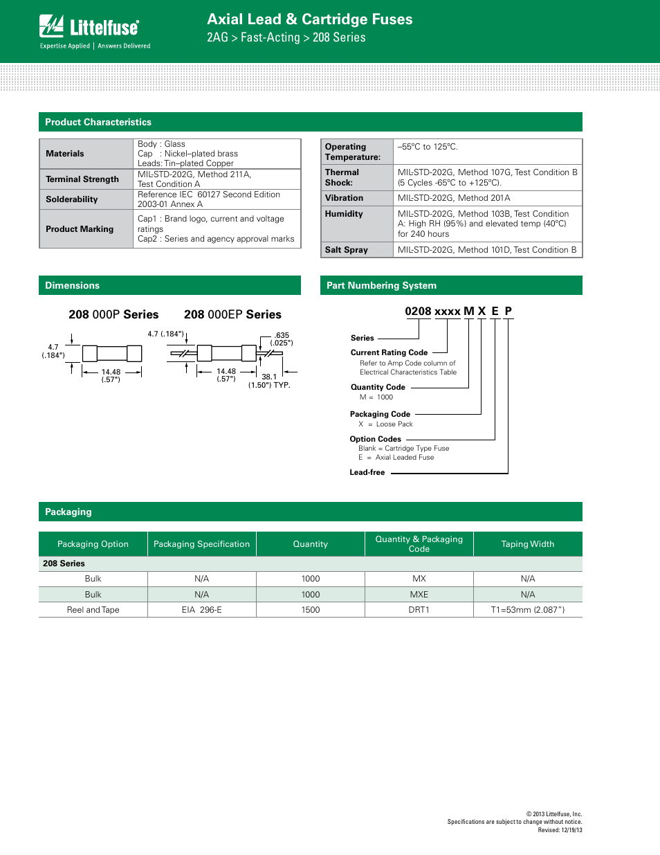 Axial lead & cartridge fuses, 2ag > fast-acting > 208 series | Littelfuse 208 Series User Manual | Page 3 / 3