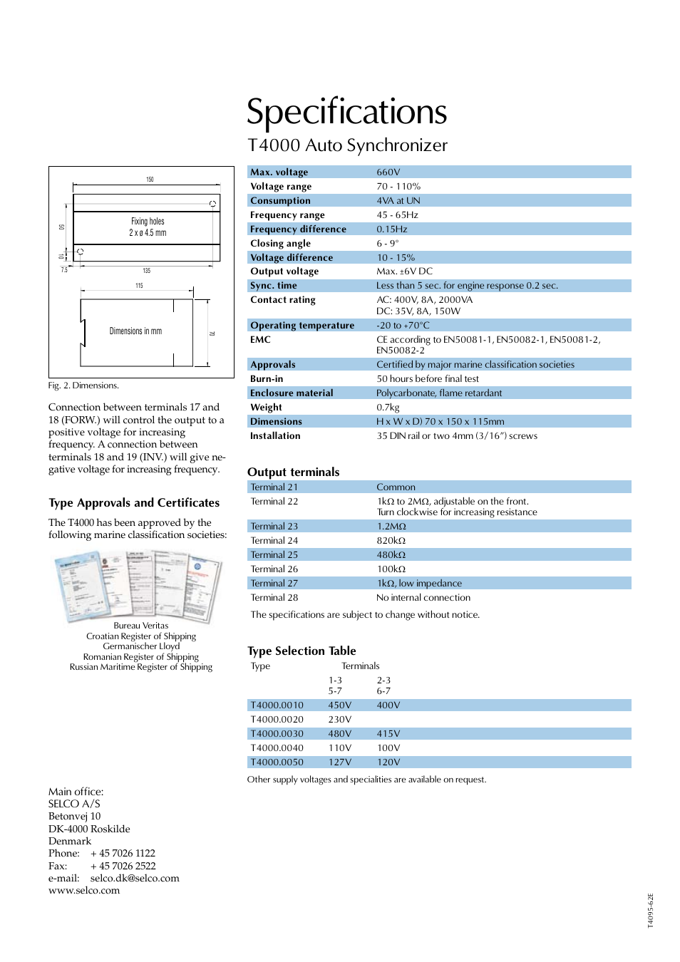 Specifications, T4000 auto synchronizer, Output terminals | Type selection table, Type approvals and certificates | Littelfuse T4000 Series User Manual | Page 2 / 2