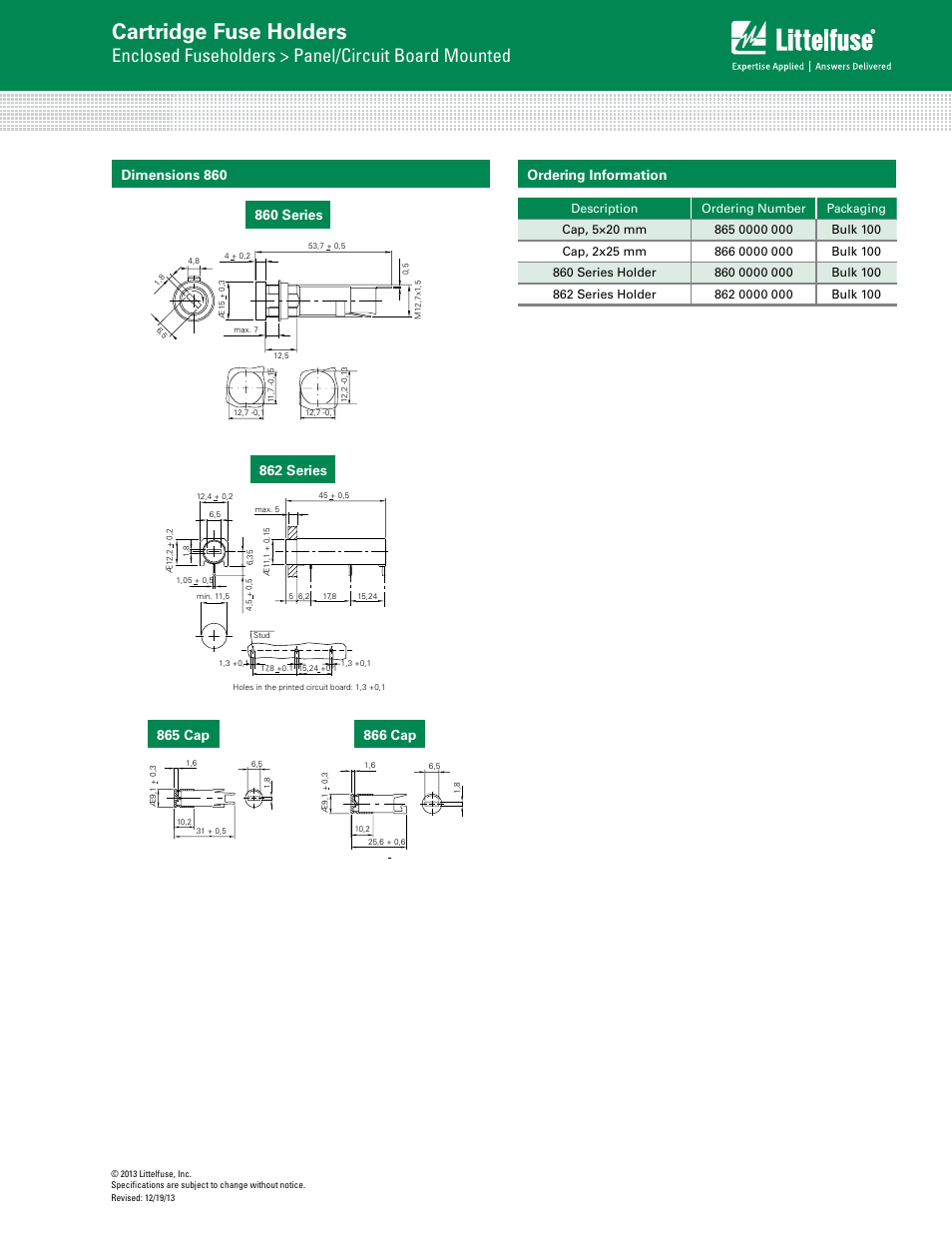 Cartridge fuse holders, Enclosed fuseholders > panel/circuit board mounted, Dimensions 860 | Littelfuse 866 Series User Manual | Page 2 / 2
