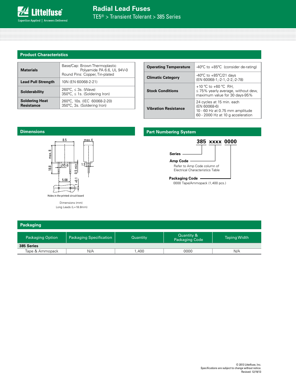 Radial lead fuses, Transient tolerant > 385 series | Littelfuse 385 Series User Manual | Page 3 / 3