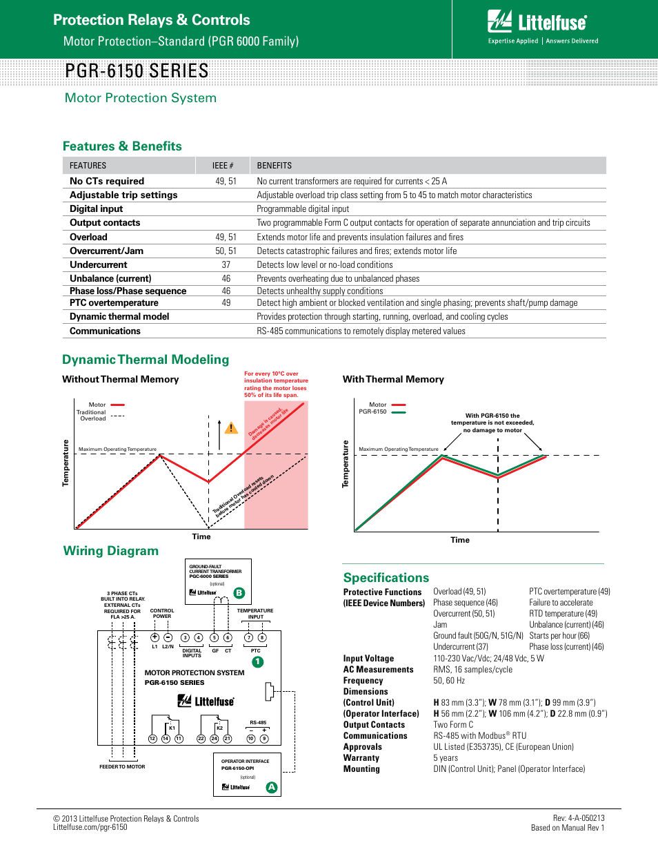 Pgr-6150 series, Protection relays & controls, Specifications | Dynamic thermal modeling, Wiring diagram, Motor protection system | Littelfuse PGR-6150 Series User Manual | Page 2 / 2