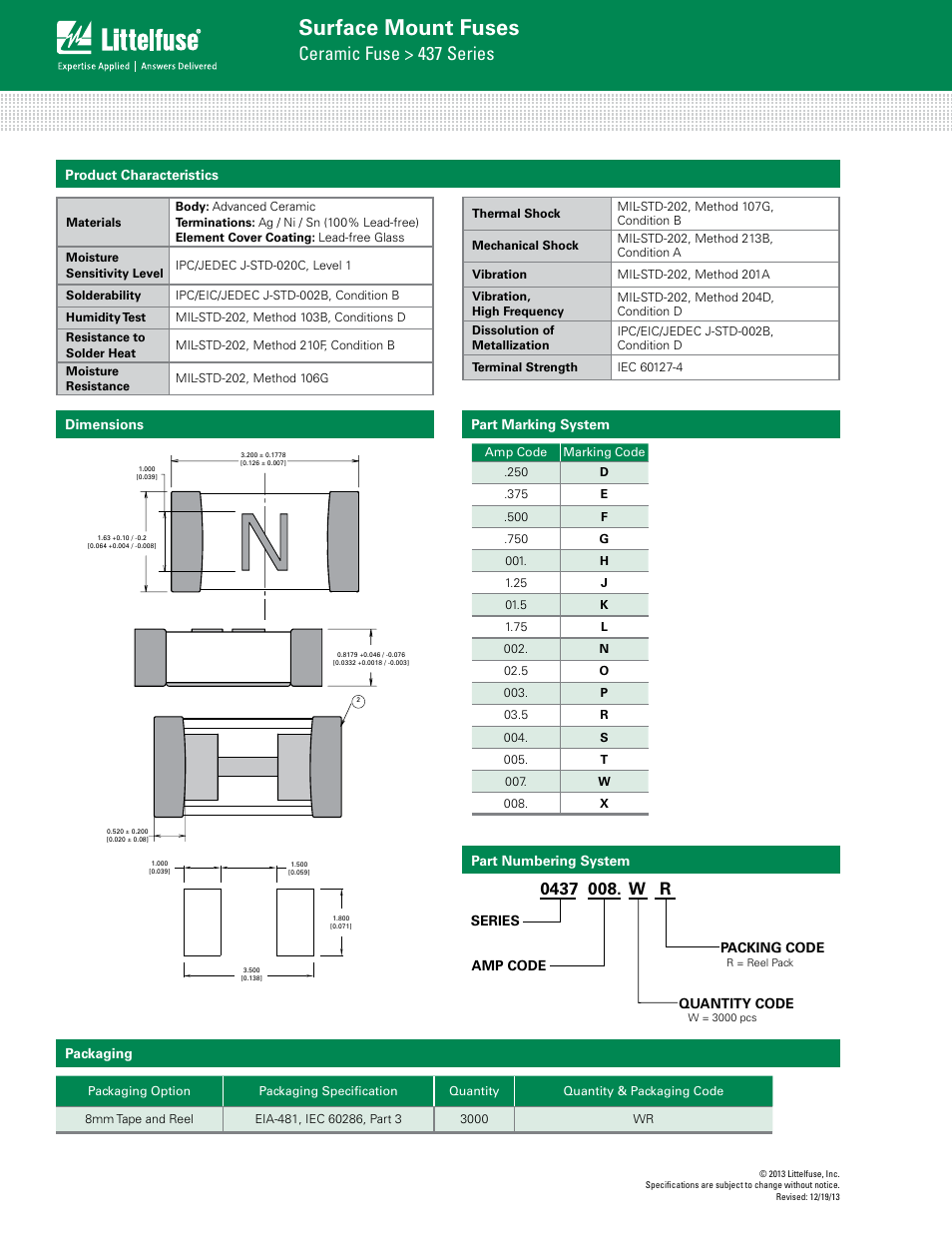 Surface mount fuses, Ceramic fuse > 437 series | Littelfuse 437 Series User Manual | Page 3 / 3