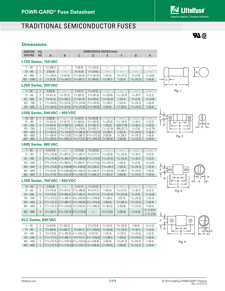 Traditional semiconductor fuses, Powr-gard, Fuse datasheet | Dimensions, Klc series, 600 vac | Littelfuse KLC Series User Manual | Page 2 / 8