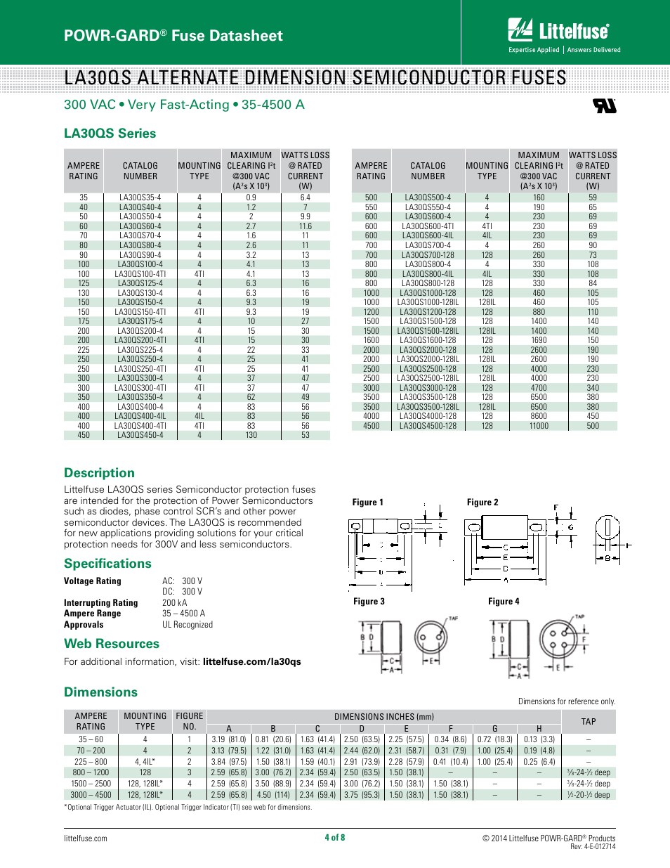 La30qs alternate dimension semiconductor fuses, Powr-gard, Fuse datasheet | Specifications, Web resources, Dimensions la30qs series | Littelfuse KLC Series User Manual | Page 4 / 8
