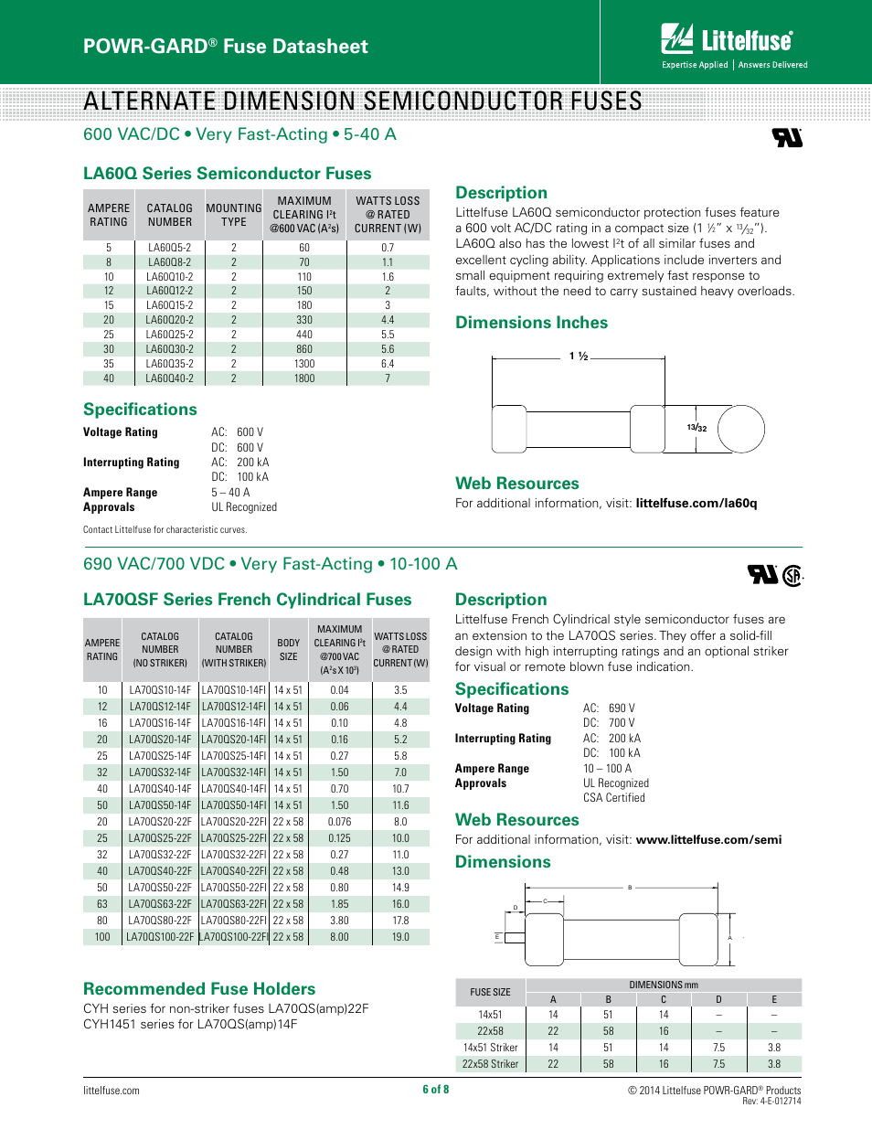 Alternate dimension semiconductor fuses, Powr-gard, Fuse datasheet | Specifications, Description, Dimensions inches, Web resources, Dimensions recommended fuse holders | Littelfuse KLC Series User Manual | Page 6 / 8